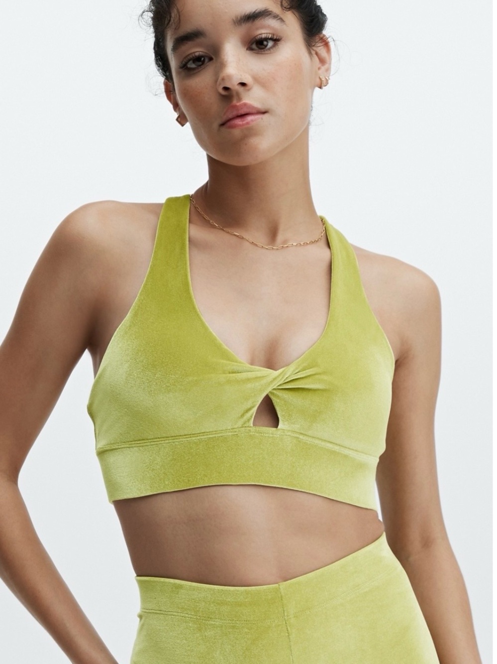 Fabletics Women’s Oasis Twist Front Lime Green Velour Sports‎ Bra Sz S~NWT